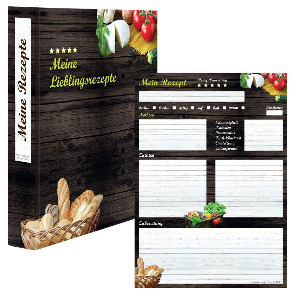rezeptordner mit rezeptblock mediterran, a4, braun-bunte optik, vorderseite ordner mit der aufschrift meine lieblingsrezepte, abgebildet sind pasta zutaten und brot, rezeptblock bietet platz für notizen, zutaten und zubereitungsschritte, frontansicht