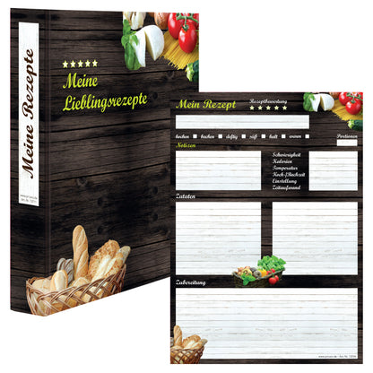 rezeptordner mit rezeptblock mediterran, a4, braun-bunte optik, vorderseite ordner mit der aufschrift meine lieblingsrezepte, abgebildet sind pasta zutaten und brot, rezeptblock bietet platz für notizen, zutaten und zubereitungsschritte, frontansicht