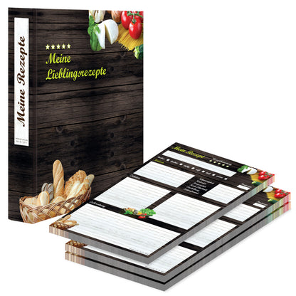 rezeptordner mit rezeptblock mediterran, a4, braun-bunte optik, vorderseite ordner mit der aufschrift meine lieblingsrezepte, abgebildet sind pasta zutaten und brot, rezeptblock bietet platz für notizen, zutaten und zubereitungsschritte, seitliche ansicht
