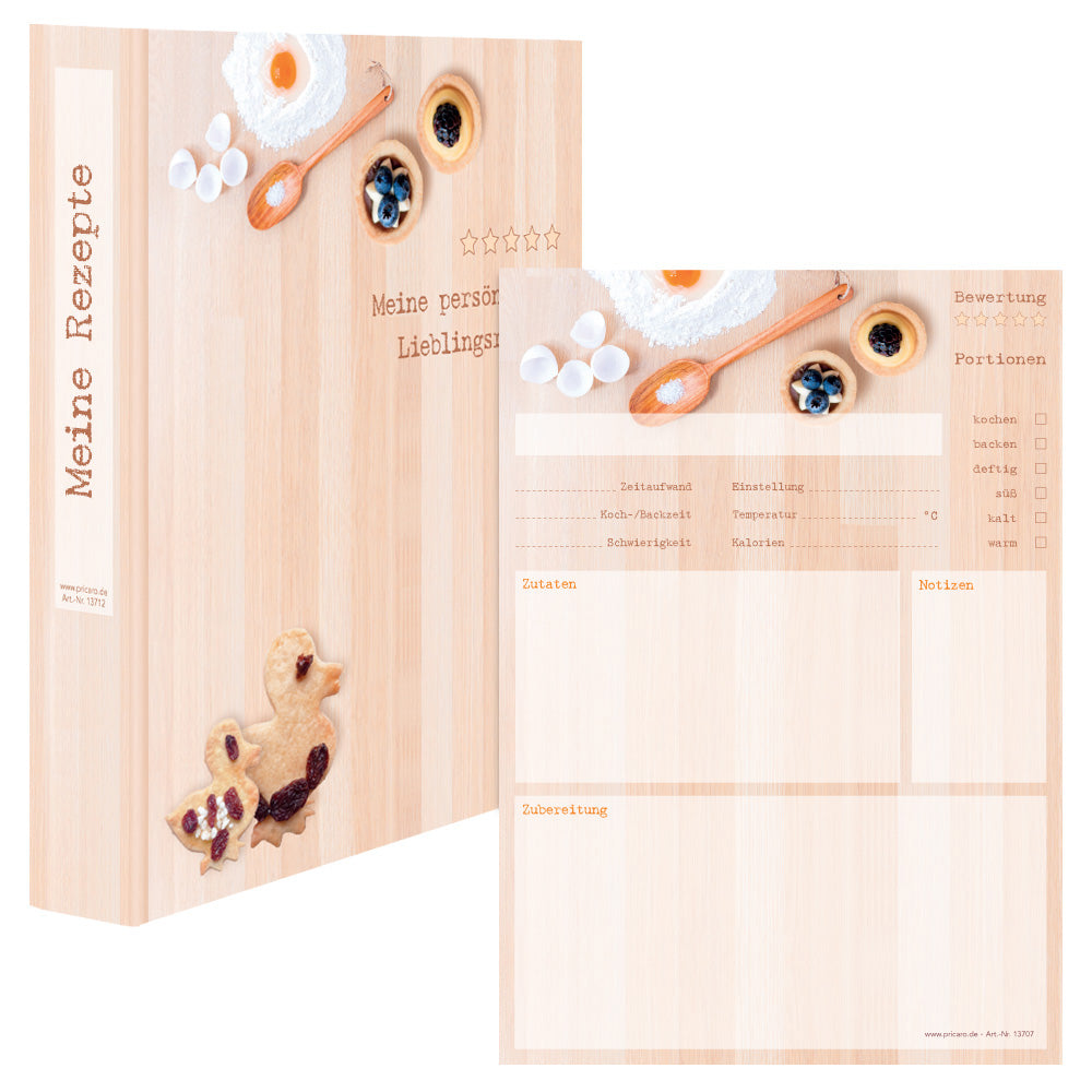 rezeptordner mit rezeptblock backen, a4, beige-bunte optik, vorderseite ordner mit der aufschrift meine persönlichen lieblingsrezepte, abgebildet sind backzutaten und gebäck, rezeptblock bietet platz für notizen, zutaten und zubereitungsschritte, frontansicht