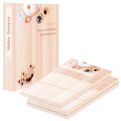 rezeptordner mit rezeptblock backen, a4, beige-bunte optik, vorderseite ordner mit der aufschrift meine persönlichen lieblingsrezepte, abgebildet sind backzutaten und gebäck, rezeptblock bietet platz für notizen, zutaten und zubereitungsschritte, seitliche ansicht