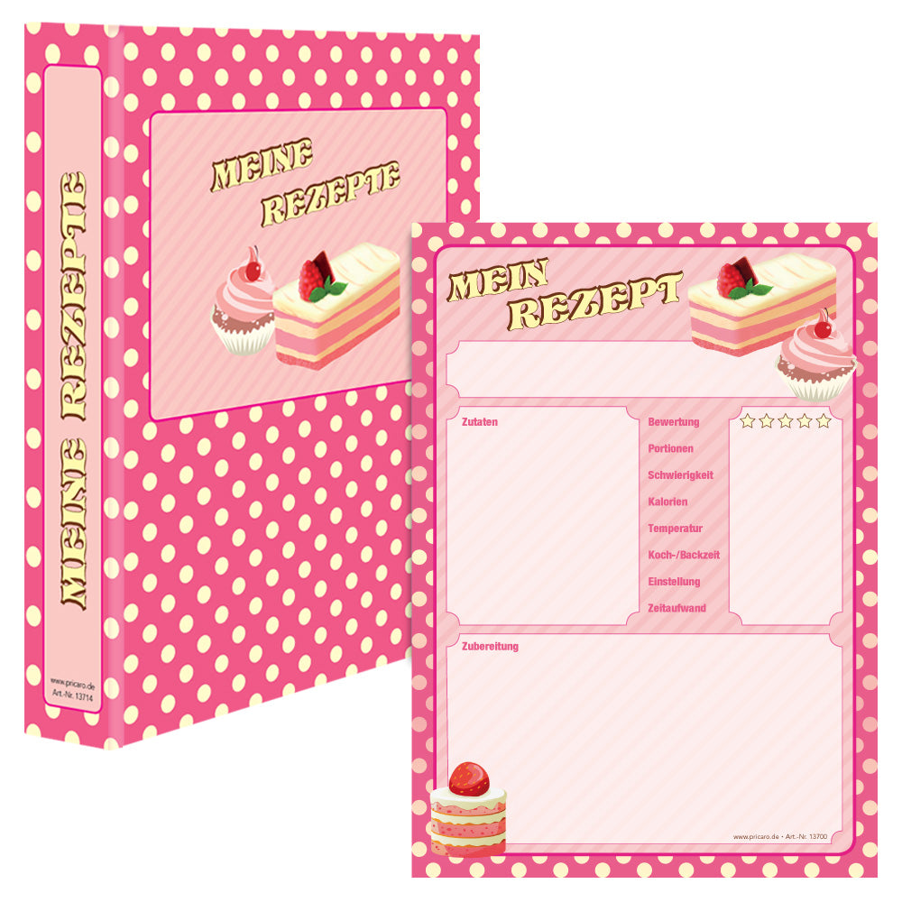 rezeptordner mit rezeptblock retro, a5, pink-gelbe optik, vorderseite ordner mit der aufschrift meine rezepte, abgebildet sind cupcakes und kuchen, rezeptblock bietet platz für notizen, zutaten und zubereitungsschritte, frontansicht