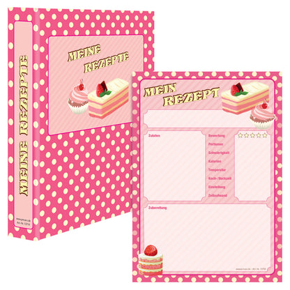 rezeptordner mit rezeptblock retro, a5, pink-gelbe optik, vorderseite ordner mit der aufschrift meine rezepte, abgebildet sind cupcakes und kuchen, rezeptblock bietet platz für notizen, zutaten und zubereitungsschritte, frontansicht