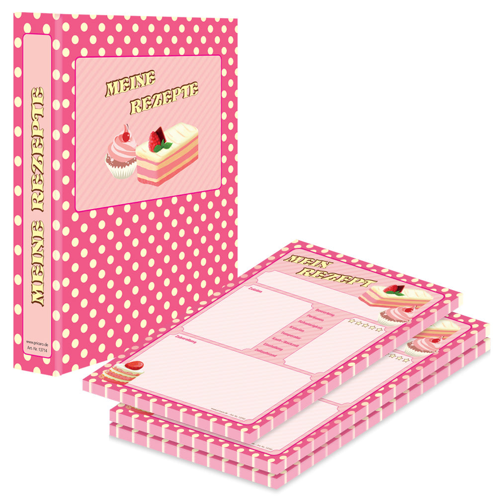 rezeptordner mit rezeptblock retro, a5, pink-gelbe optik, vorderseite ordner mit der aufschrift meine rezepte, abgebildet sind cupcakes und kuchen, rezeptblock bietet platz für notizen, zutaten und zubereitungsschritte, seitliche ansicht