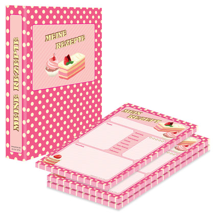 rezeptordner mit rezeptblock retro, a5, pink-gelbe optik, vorderseite ordner mit der aufschrift meine rezepte, abgebildet sind cupcakes und kuchen, rezeptblock bietet platz für notizen, zutaten und zubereitungsschritte, seitliche ansicht