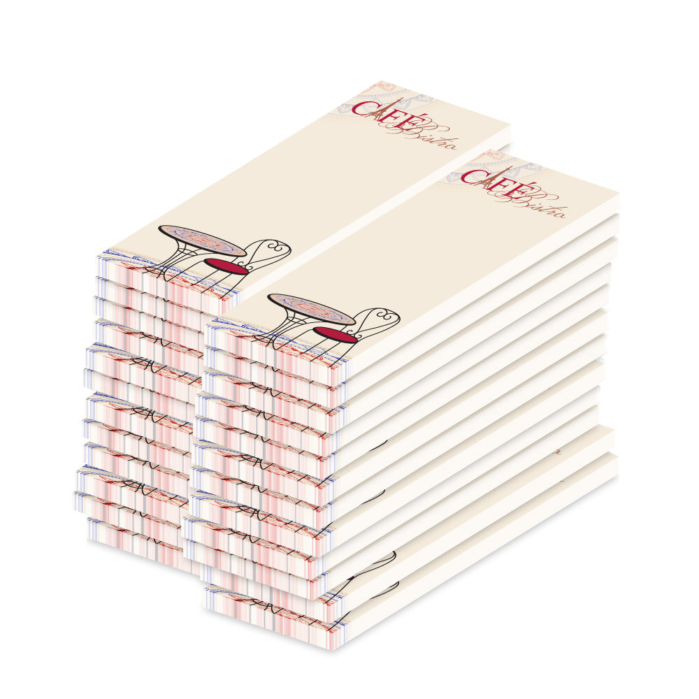 kellnerblock cafe charmant, beige, rote optik einem abgebildeten bistrotisch und mit der aufschrift "cafe bistro", 24er set