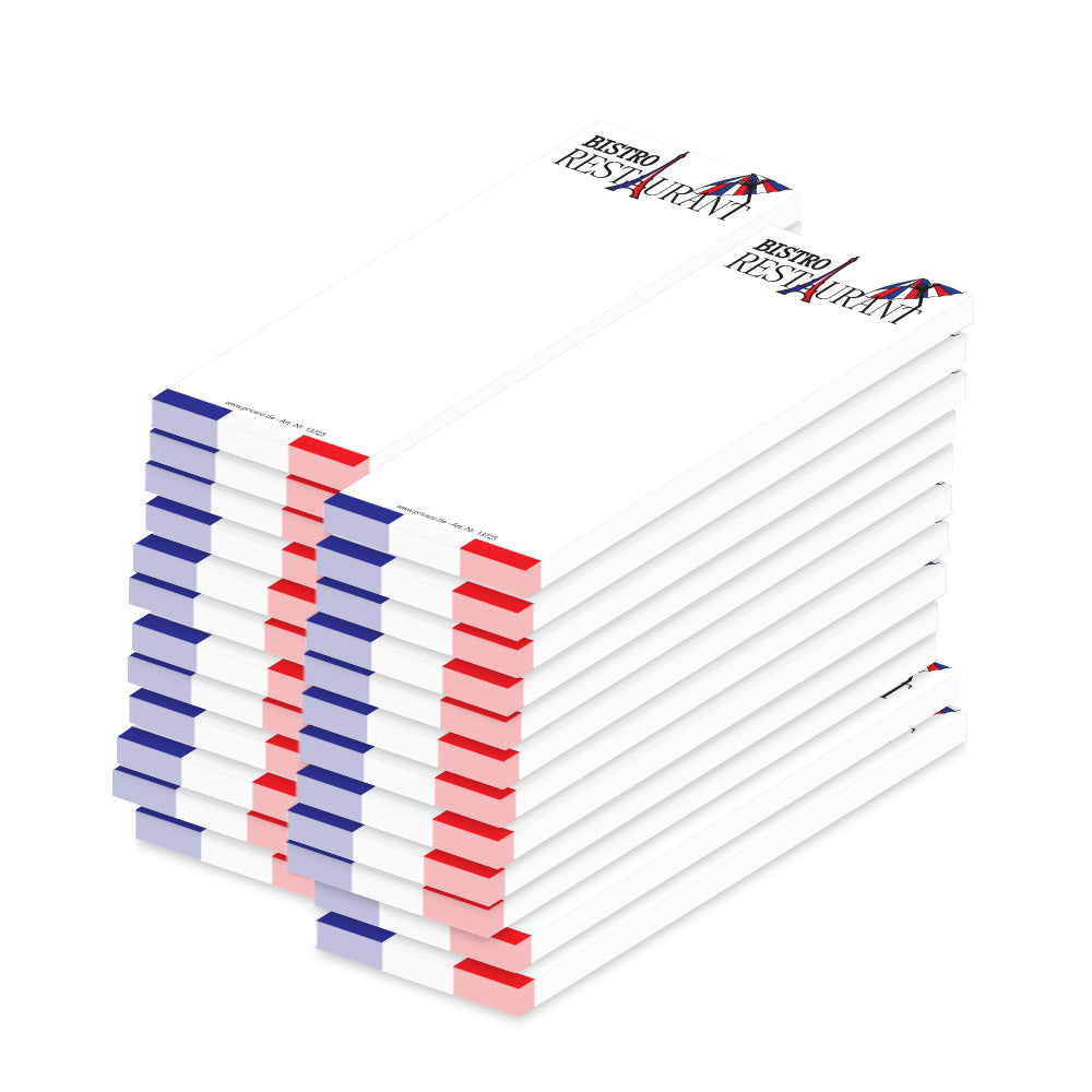kellnerblock restaurant französich, weiß, blau, rote optik mit der aufschrift "bistro restuarant", 24er set