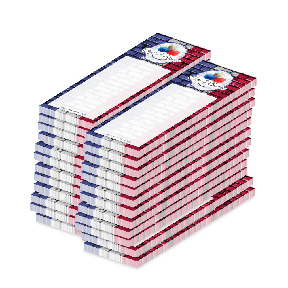 kellnerblock macarons, weiße blau, rote optik mit verschiedenen macarons und der aufschrift "cafe & bistro", 24er set