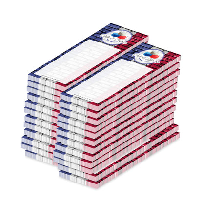 kellnerblock macarons, weiße blau, rote optik mit verschiedenen macarons und der aufschrift "cafe & bistro", 24er set