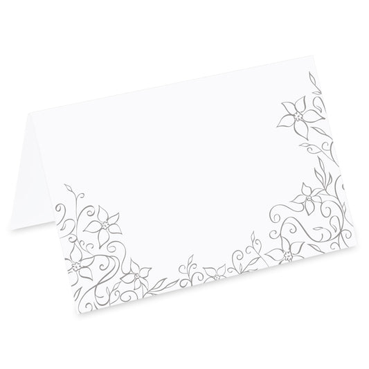 tischkarte für hochzeiten "blumendekor", dekor in silber, vorderseite