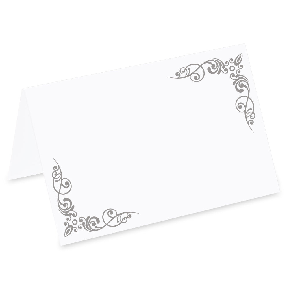 tischkarte für hochzeiten "verzierungen", dekor in silber links und rechts, vorderseite
