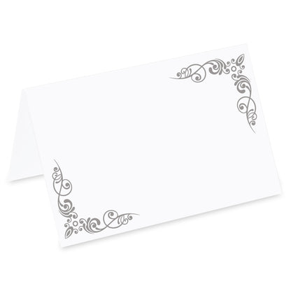 tischkarte für hochzeiten "verzierungen", dekor in silber links und rechts, vorderseite