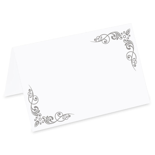 tischkarte für hochzeiten "verzierungen", dekor in silber links und rechts, vorderseite