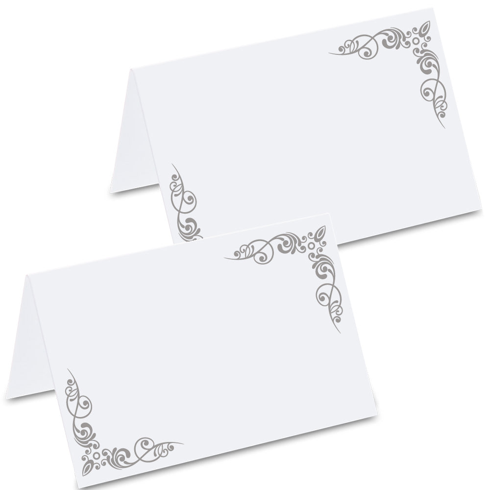 tischkarte für hochzeiten "verzierungen", dekor in silber links und rechts, vorder- und rückseite