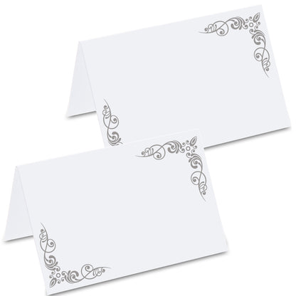 tischkarte für hochzeiten "verzierungen", dekor in silber links und rechts, vorder- und rückseite