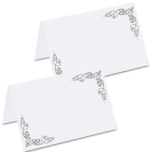 tischkarte für hochzeiten "verzierungen", dekor in silber links und rechts, vorder- und rückseite
