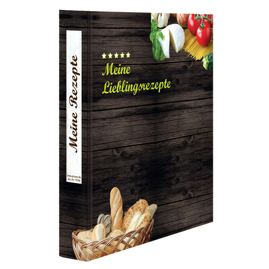 rezeptordner mediterran, a5, schräg, braun-bunte optik mit pasta zutaten und brotkorb und der aufschrift meine lieblingsrezepte