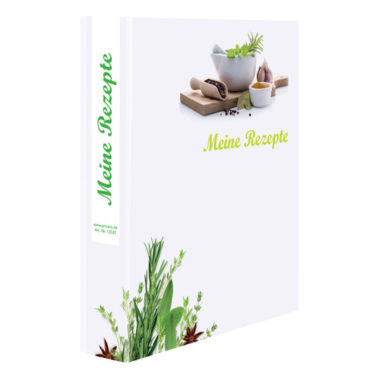 rezeptordner gewürze, a5, schräg, weiß-grüne optik mit gewürzen und der aufschrift meine rezepte