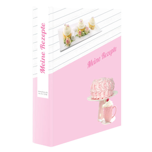 rezeptordner cupacke, a5, schräg, weiß-rosa optik mit cupcakes, torten und der aufschrift meine rezepte