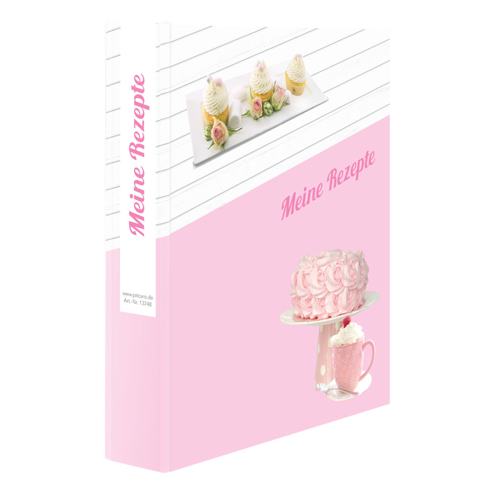 rezeptordner cupacke, a5, schräg, weiß-rosa optik mit cupcakes, torten und der aufschrift meine rezepte