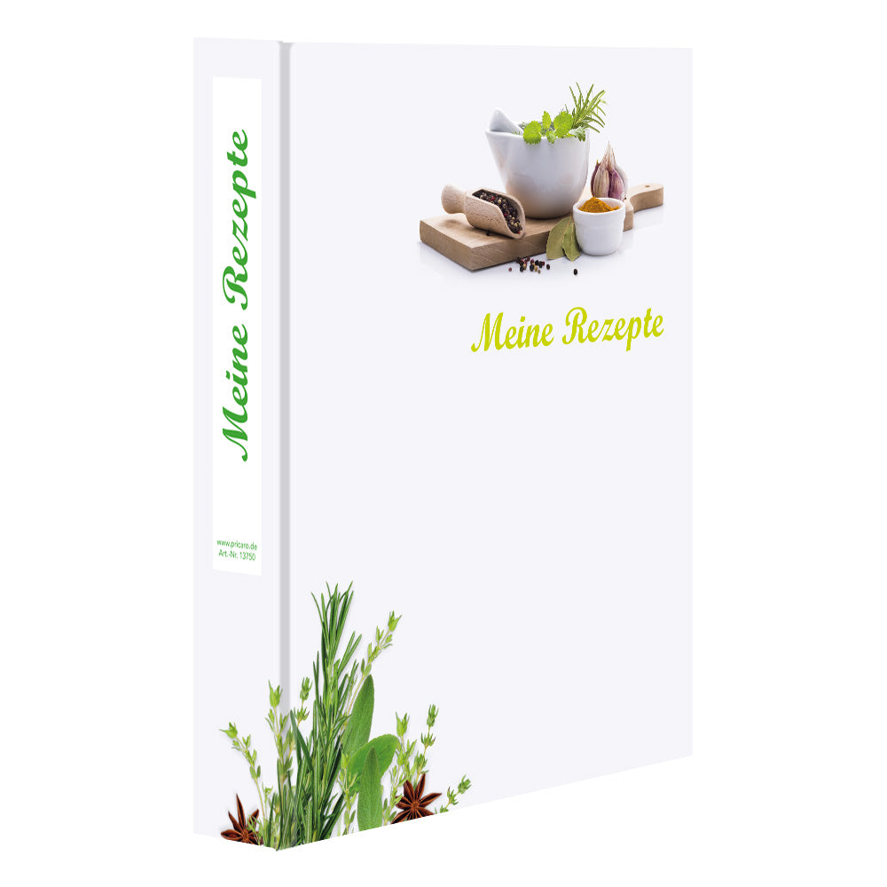 rezeptordner gewürze, schräg, weiß-grüne optik mit der aufschrift meine rezepte und abgebildeten kräutern und gewürzen