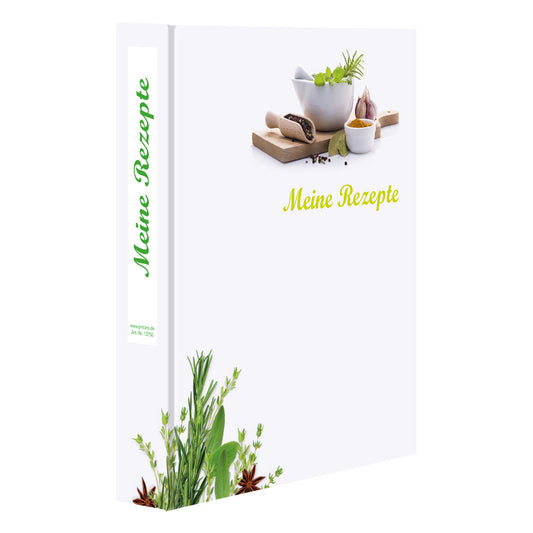 rezeptordner gewürze, schräg, weiß-grüne optik mit der aufschrift meine rezepte und abgebildeten kräutern und gewürzen