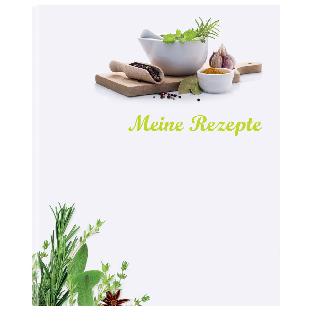 rezeptordner gewürze, vorderseite, weiß-grüne optik mit der aufschrift meine rezepte und abgebildeten kräutern und gewürzen