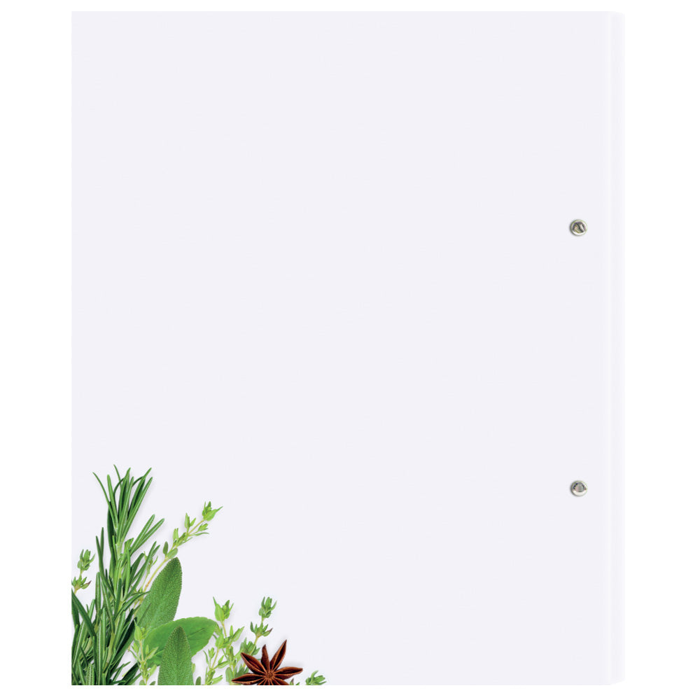 rezeptordner gewürze, rückseite, weiß-grüne optik mit abgebildeten kräutern und gewürzen