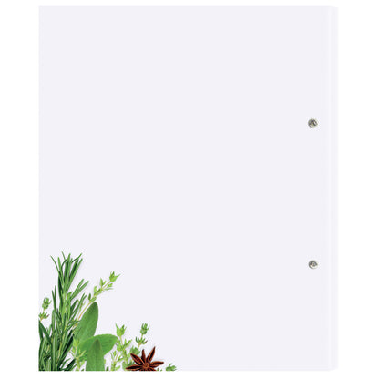 rezeptordner gewürze, rückseite, weiß-grüne optik mit abgebildeten kräutern und gewürzen