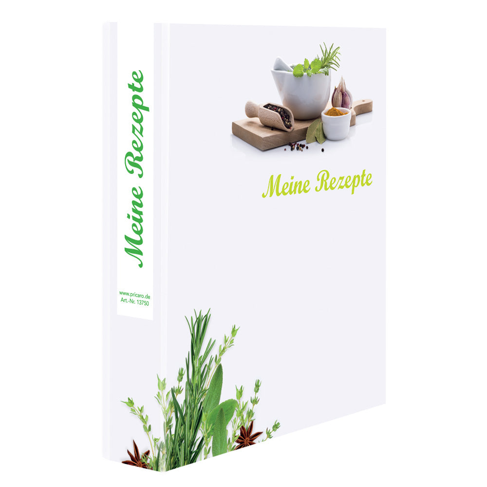rezeptordner gewürze, schräg, weiß-grüne optik mit der aufschrift meine rezepte und abgebildeten kräutern und gewürzen