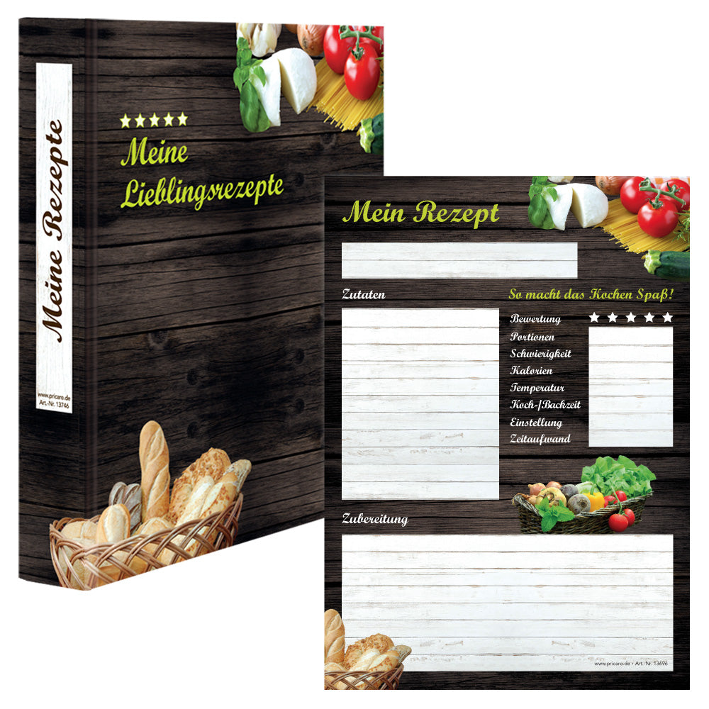rezeptordner mit rezeptblock mediterran, braun-bunte optik mit abgebildeten pastazutaten und brotkorb und der aufschrift mein rezept, frontansicht