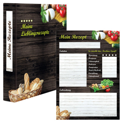 rezeptordner mit rezeptblock mediterran, braun-bunte optik mit abgebildeten pastazutaten und brotkorb und der aufschrift mein rezept, frontansicht