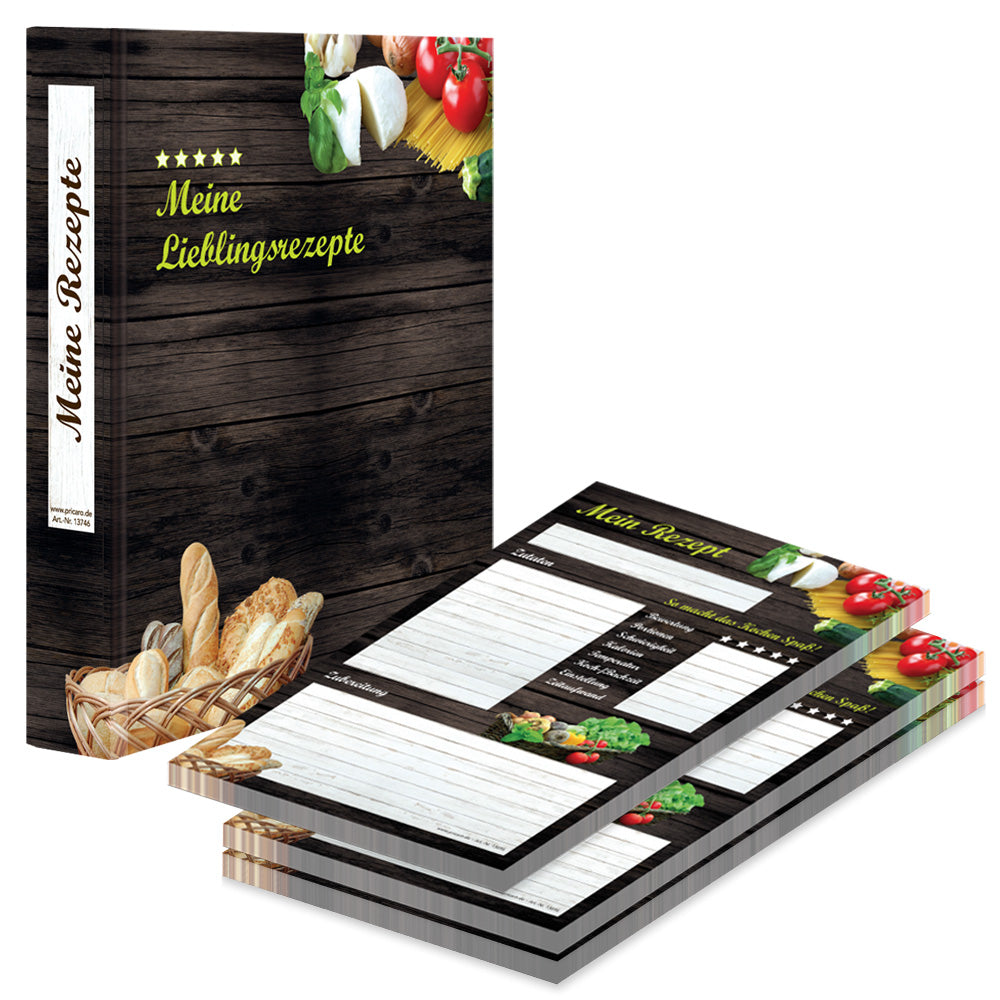 rezeptordner mit rezeptblock mediterran, braun-bunte optik mit abgebildeten pastazutaten und brotkorb und der aufschrift mein rezept, seitliche ansicht