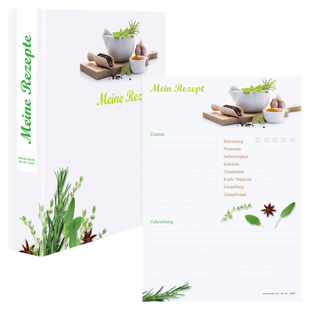 rezeptordner mit rezeptblock gewürze, weiß-grüne optik mit abgebildeten kräutern und gewürzen und der aufschrift mein rezept, frontansicht