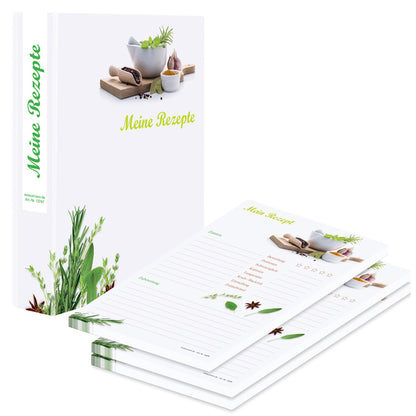 rezeptordner mit rezeptblock gewürze, weiß-grüne optik mit abgebildeten kräutern und gewürzen und der aufschrift mein rezept, seitliche ansicht