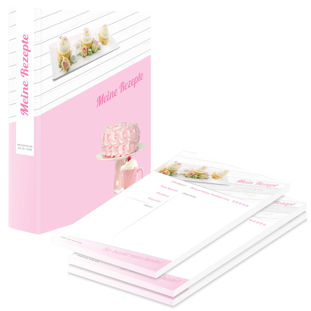 rezeptordner mit rezeptblock cupcake, rosa-weiße optik mit abgebildeten cupcakes und torte und der aufschrift meine rezepte, seitliche ansicht