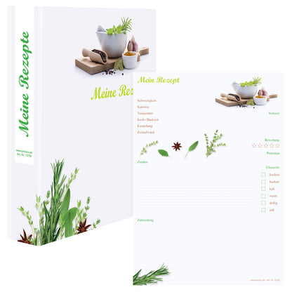 rezeptordner mit rezeptblock gewürze, weiß-grüne optik mit abgebildeten kräutern und gewürzen und der aufschrift mein rezept, frontansicht