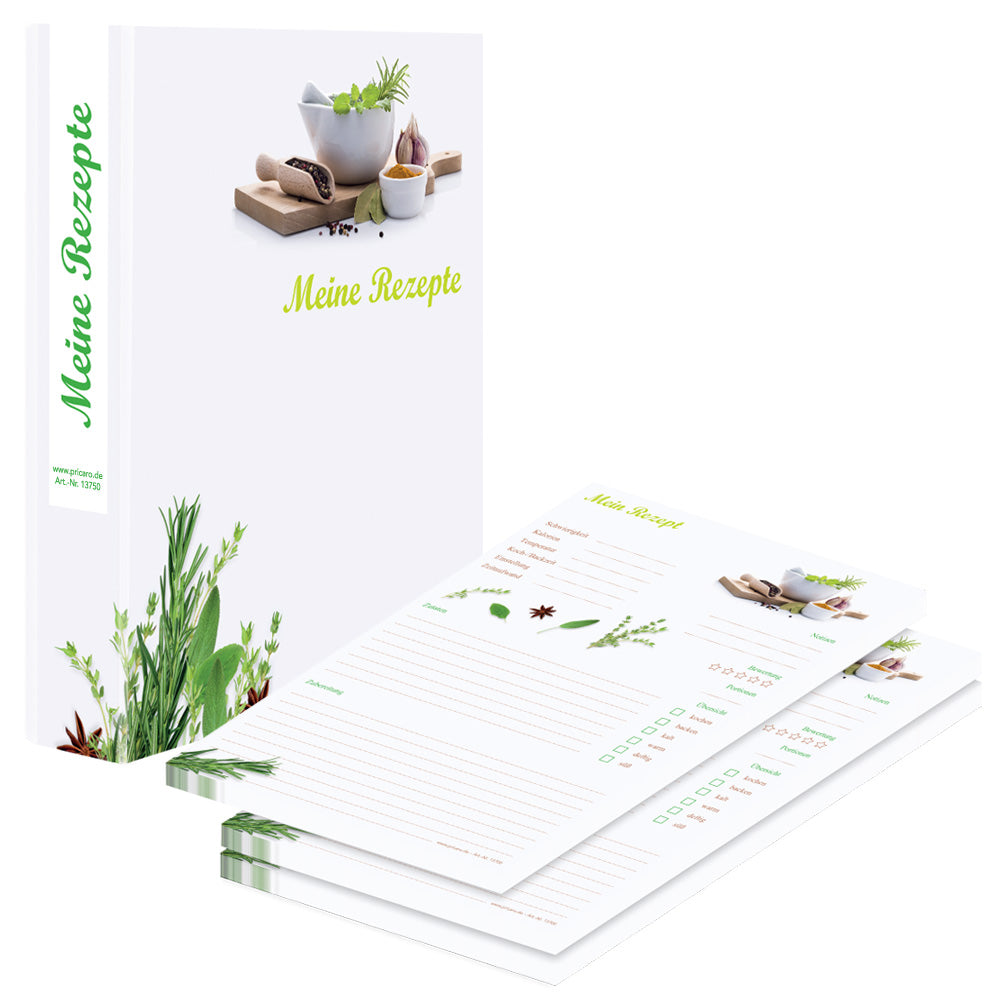 rezeptordner mit rezeptblock gewürze, weiß-grüne optik mit abgebildeten kräutern und gewürzen und der aufschrift mein rezept, seitliche ansicht