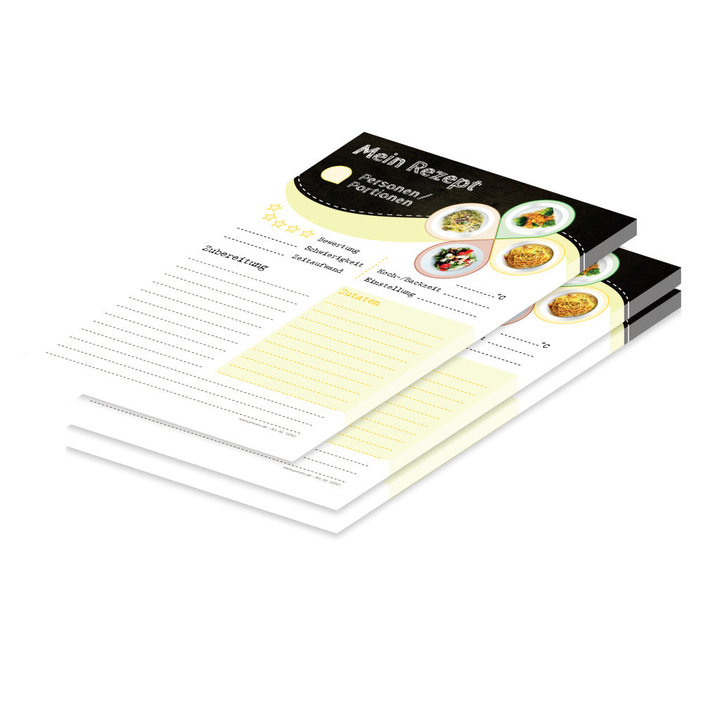 rezeptblock pasta spass, a5, schwarz-weiß-gelbe optik mit aufgedruckten pastagerichten und platz für zutaten und zubereitungsschritte, 3er set