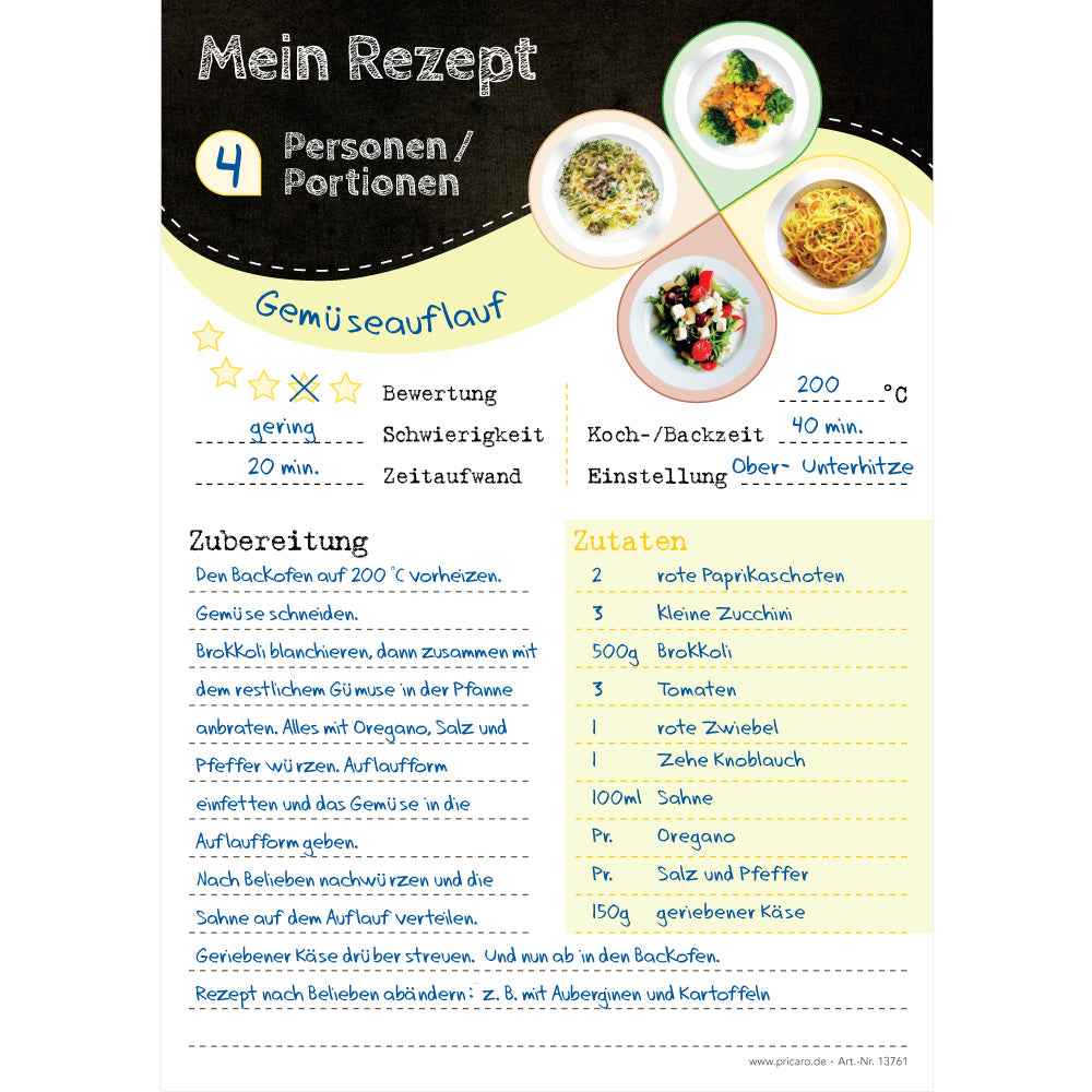 rezeptblock pasta spass, a5, schwarz-weiß-gelbe optik mit aufgedruckten pastagerichten und platz für zutaten und zubereitungsschritte, ausfüllbeispiel