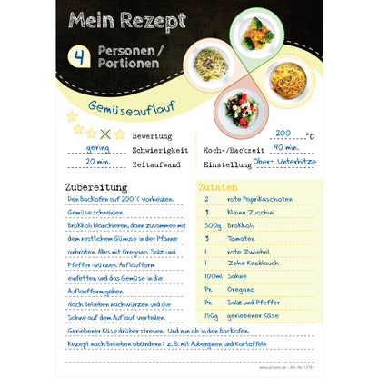 rezeptblock pasta spass, a5, schwarz-weiß-gelbe optik mit aufgedruckten pastagerichten und platz für zutaten und zubereitungsschritte, ausfüllbeispiel