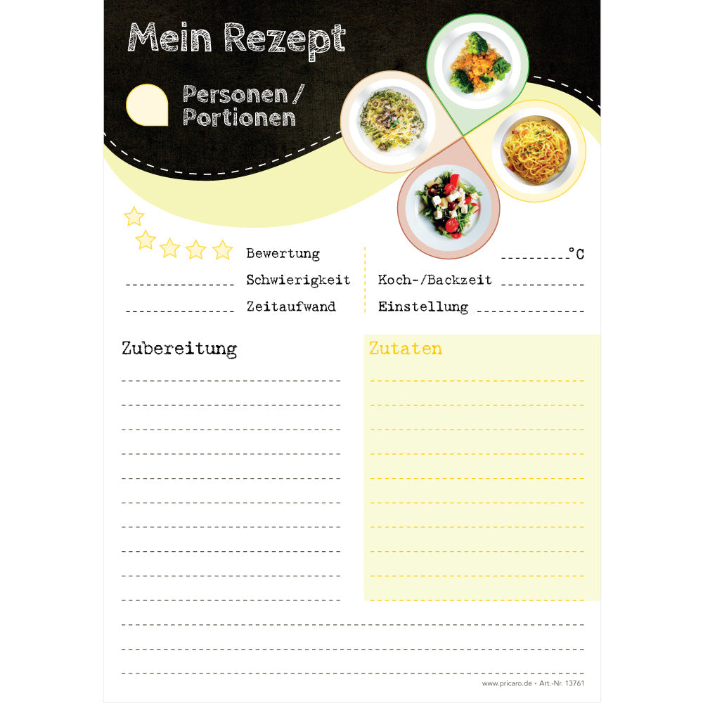 rezeptblock pasta spass, a5, schwarz-weiß-gelbe optik mit aufgedruckten pastagerichten und platz für zutaten und zubereitungsschritte, frontansicht