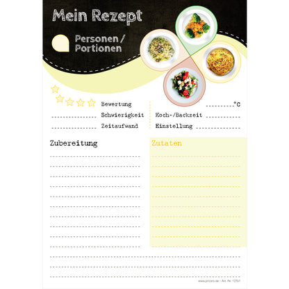 rezeptblock pasta spass, a5, schwarz-weiß-gelbe optik mit aufgedruckten pastagerichten und platz für zutaten und zubereitungsschritte, frontansicht