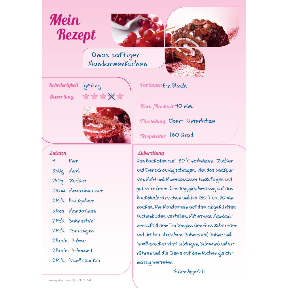 rezeptblock schokobiskuit, a5, rosa-weiße optik mit aufgedrucktem biskuitkuchen und platz für zutaten und zubereitungsschritte, ausfüllbeispiel