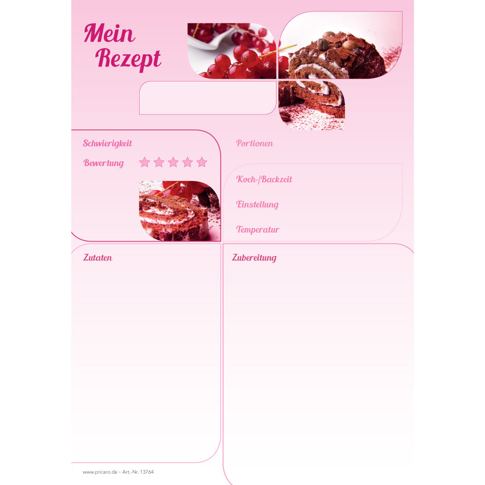 rezeptblock schokobiskuit, a5, rosa-weiße optik mit aufgedrucktem biskuitkuchen und platz für zutaten und zubereitungsschritte, frontansicht