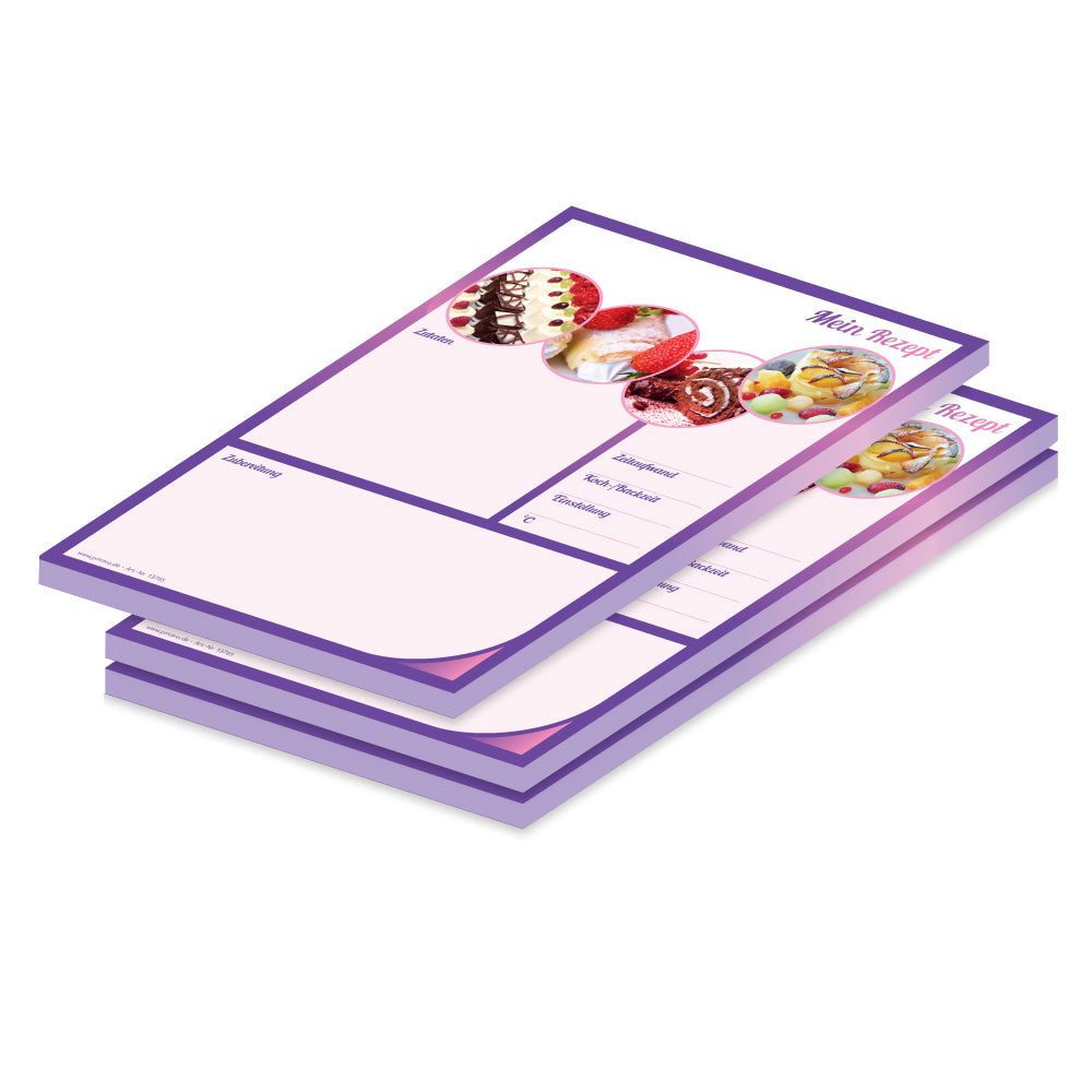 rezeptblock sweet dreams, a5, rosa-lilafarbene optik mit aufgedrucktem kuchenstücken und platz für zutaten und zubereitungsschritte, 3er set