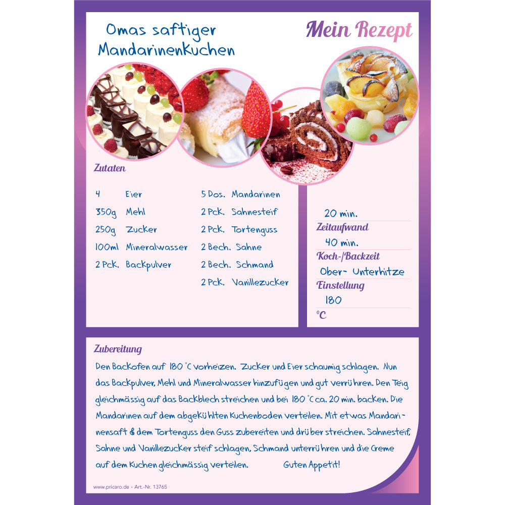 rezeptblock sweet dreams, a5, rosa-lilafarbene optik mit aufgedrucktem kuchenstücken und platz für zutaten und zubereitungsschritte, ausfüllbeispiel