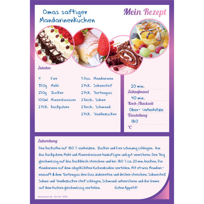 rezeptblock sweet dreams, a5, rosa-lilafarbene optik mit aufgedrucktem kuchenstücken und platz für zutaten und zubereitungsschritte, ausfüllbeispiel