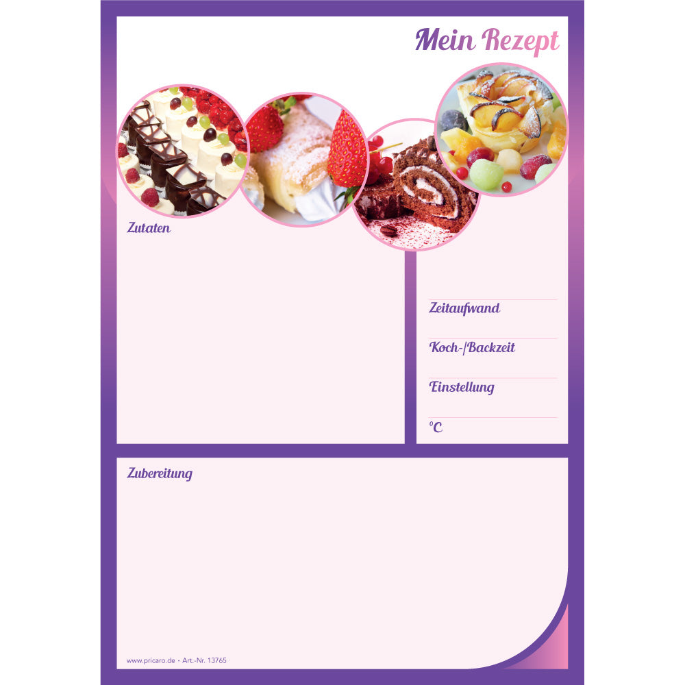 rezeptblock sweet dreams, a5, rosa-lilafarbene optik mit aufgedrucktem kuchenstücken und platz für zutaten und zubereitungsschritte, frontansicht