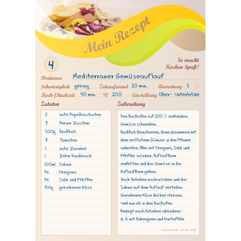 rezeptblock balance, a5, beige-gelbe optik mit platz für zutaten und zubereitungsschritte, ausfüllbeispiel